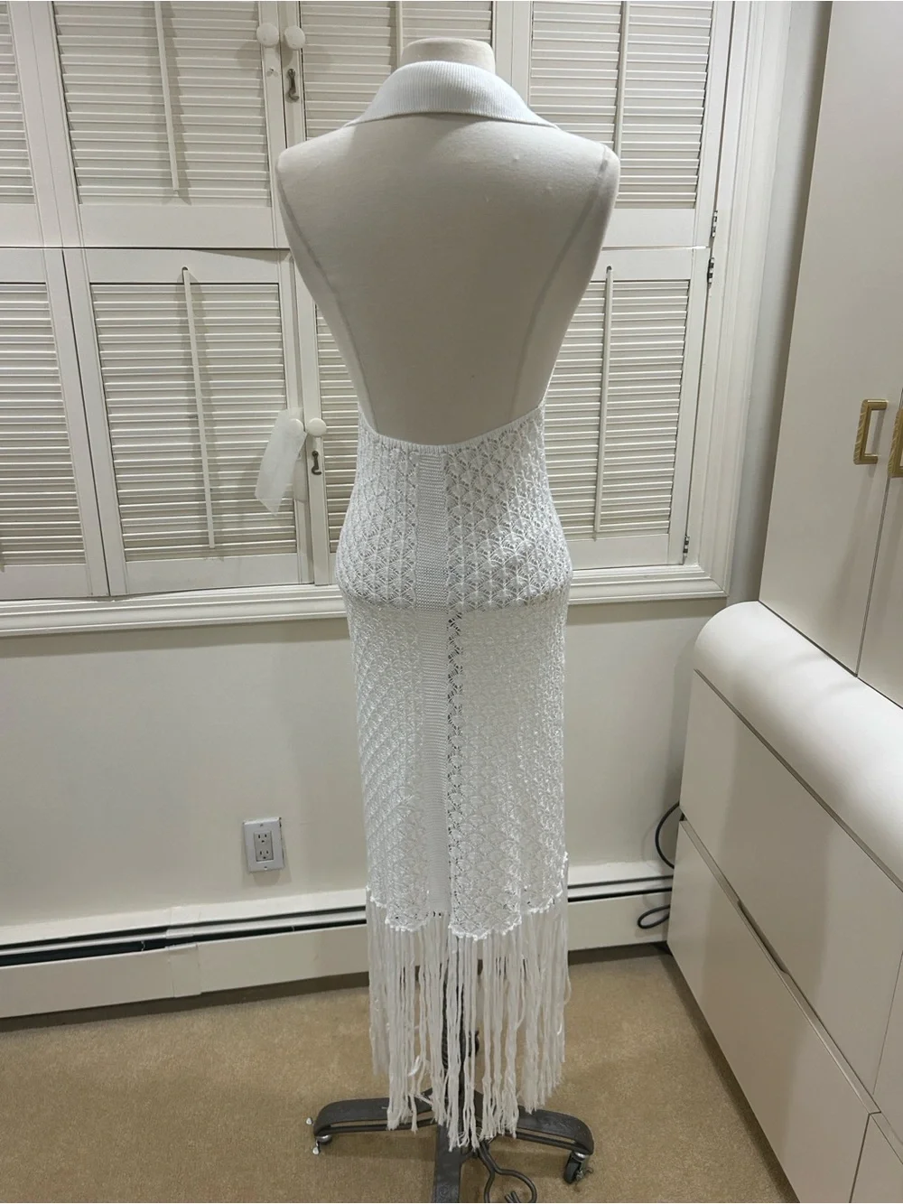 New White Crochet Fringe Maxi Dress Cover up with Collared V-Neck